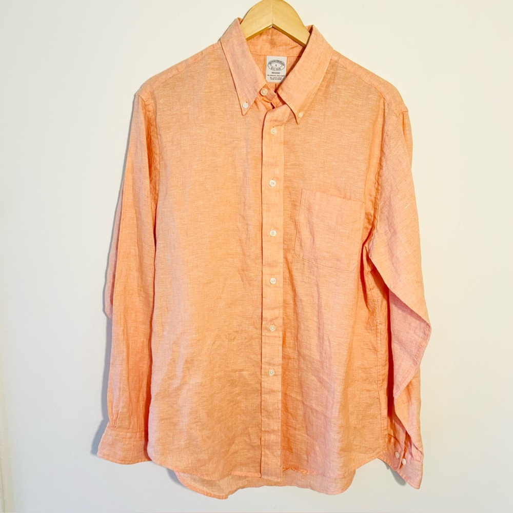 Brooks Brothers Irish Linen Button Down Shirt Mens Large Regent Fit Coral Orange